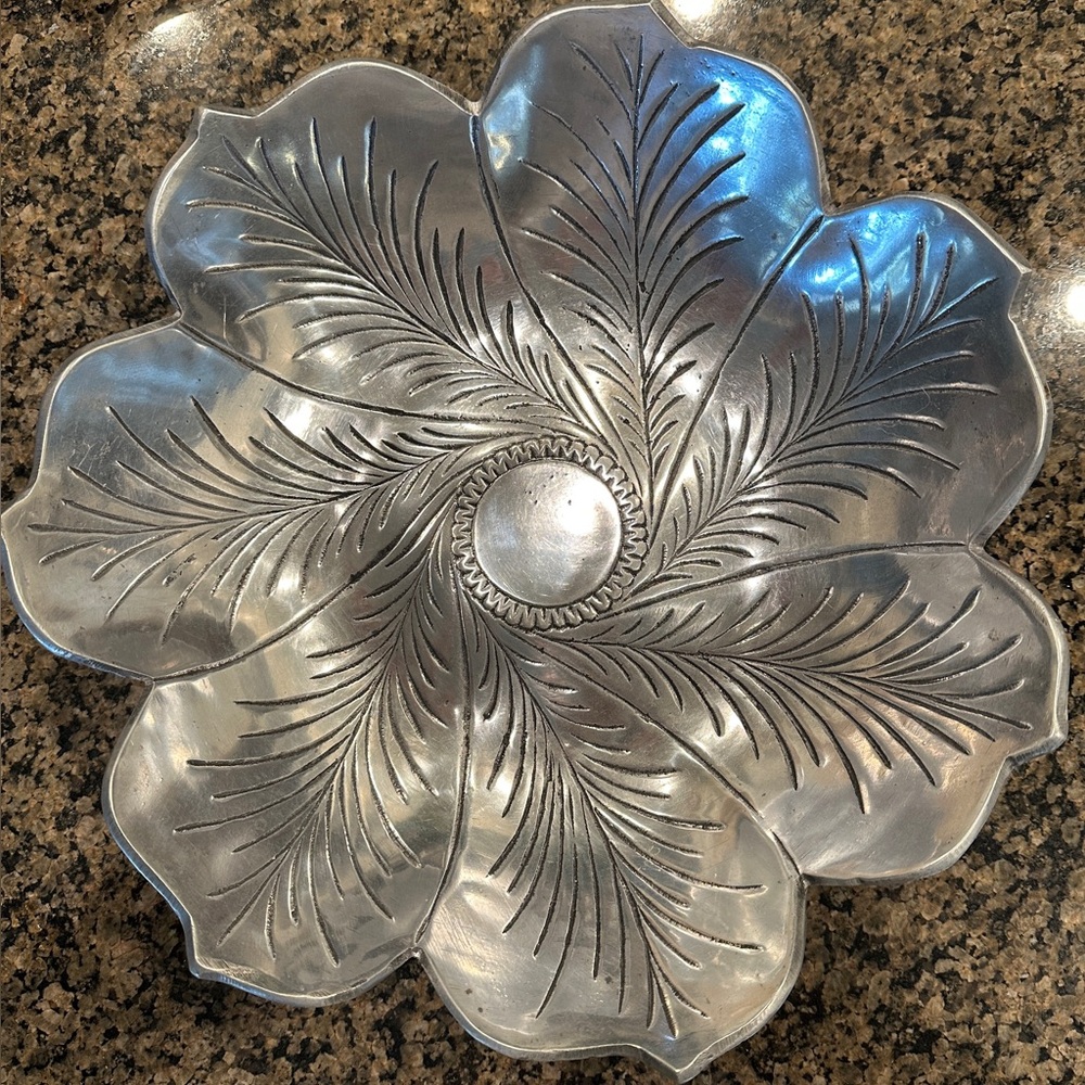 Vintage Floral Serving Fruit BowlCast Aluminum in Silver Finish H 2.75" W 11.75”